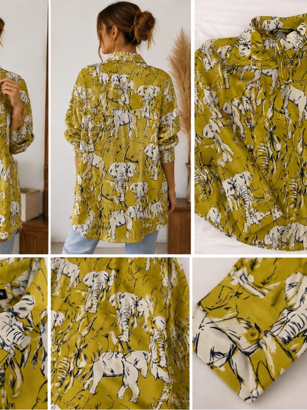 Oversized Zara Green Elephant Print Button-Up Shirt